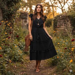 J Crew Point Sur Women’s Size 2 Black Tiered Cotton Pom Pom Flutter Sleeve Boho